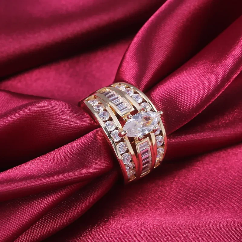 Gorgeous Three-Row White Zircon Engagement Rings Fashion Gold Color Party Anniversary Wedding Rings for Women Christmas Gifts