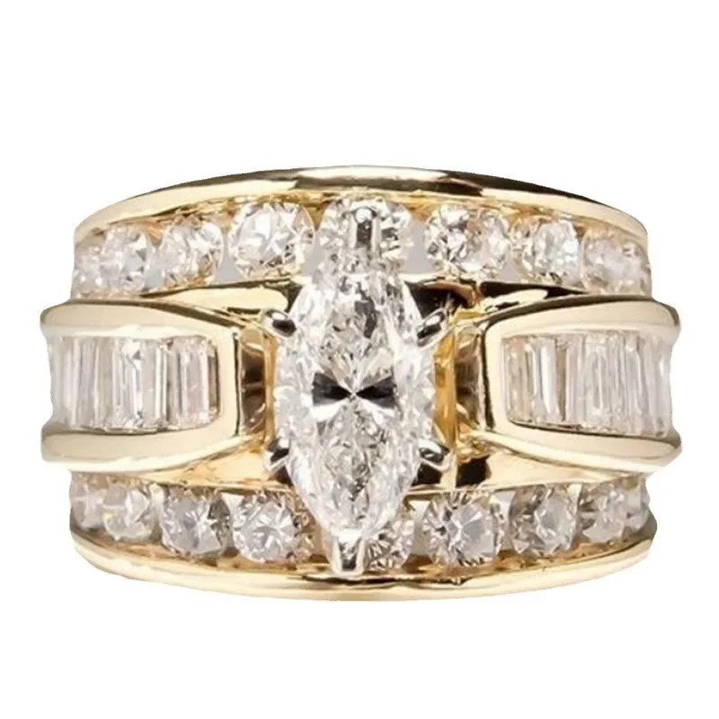 Gorgeous Three-Row White Zircon Engagement Rings Fashion Gold Color Party Anniversary Wedding Rings for Women Christmas Gifts