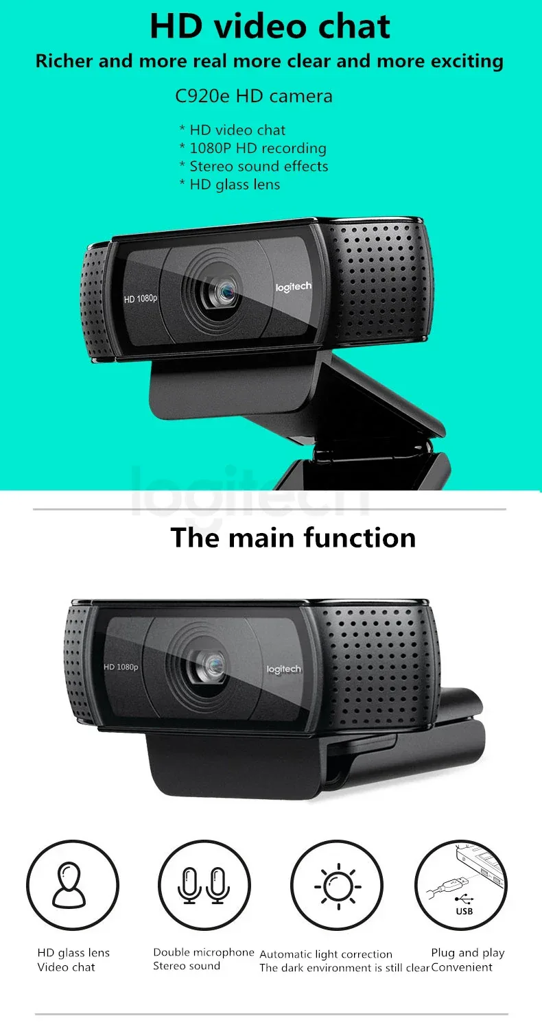Logitech C920e HD Pro Webcam Widescreen Video Chat Recording USB Smart 1080p Web Camera For Computer C920 Upgrade Version CMOS