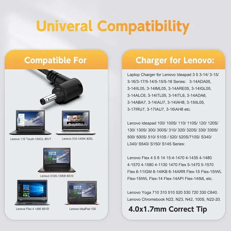 65W Laptop Charger for Lenovo Flex 5 4 6 11 14 15 Ideapad 3 5 110 130s 310 320 330 330s 510 520 530s 710s Adapte Power Supply
