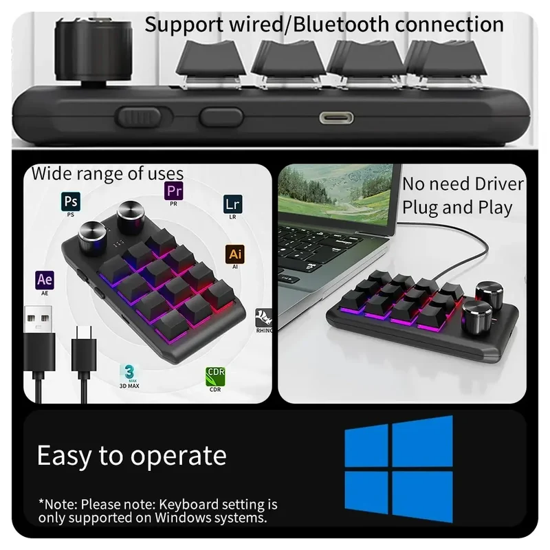 12 Key 2 Knob Mini Macro Custom Keyboard Bluetooth/3 Modes Programming Mechanical Keyboard Gaming Drawing Switch Hot-swap Keypad