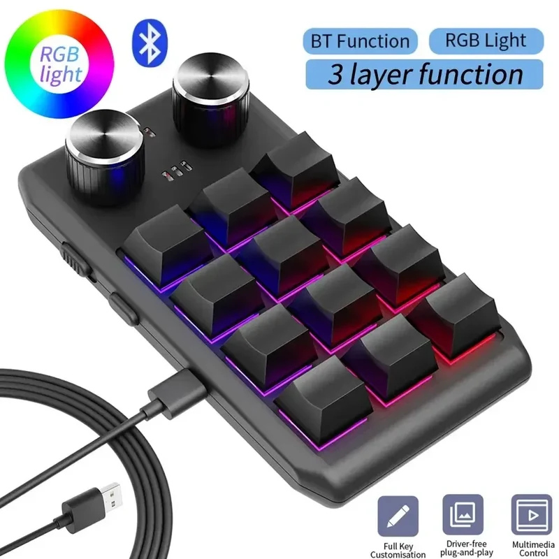 12 Key 2 Knob Mini Macro Custom Keyboard Bluetooth/3 Modes Programming Mechanical Keyboard Gaming Drawing Switch Hot-swap Keypad