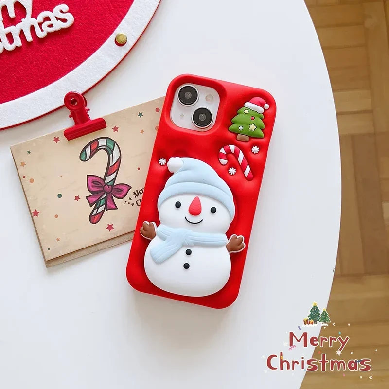 Cute 3D Cartoon Christmas Snow Man Telescopic Bracket Case For iPhone 16 15 14 13 12 Pro Max Soft Silicone Stand Holder Cover