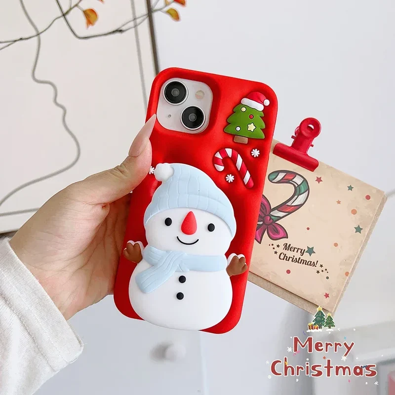 Cute 3D Cartoon Christmas Snow Man Telescopic Bracket Case For iPhone 16 15 14 13 12 Pro Max Soft Silicone Stand Holder Cover