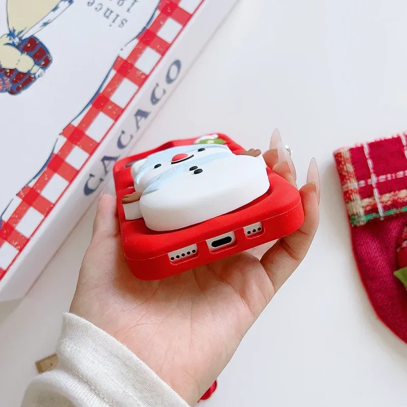 Cute 3D Cartoon Christmas Snow Man Telescopic Bracket Case For iPhone 16 15 14 13 12 Pro Max Soft Silicone Stand Holder Cover