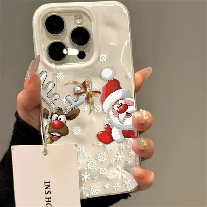Christmas Reindeer and Santa Claus Folds Texture Phone Case For iPhone 17 Air 11 12 13 14 15 16 Pro Max Plus Silicone Soft Cover
