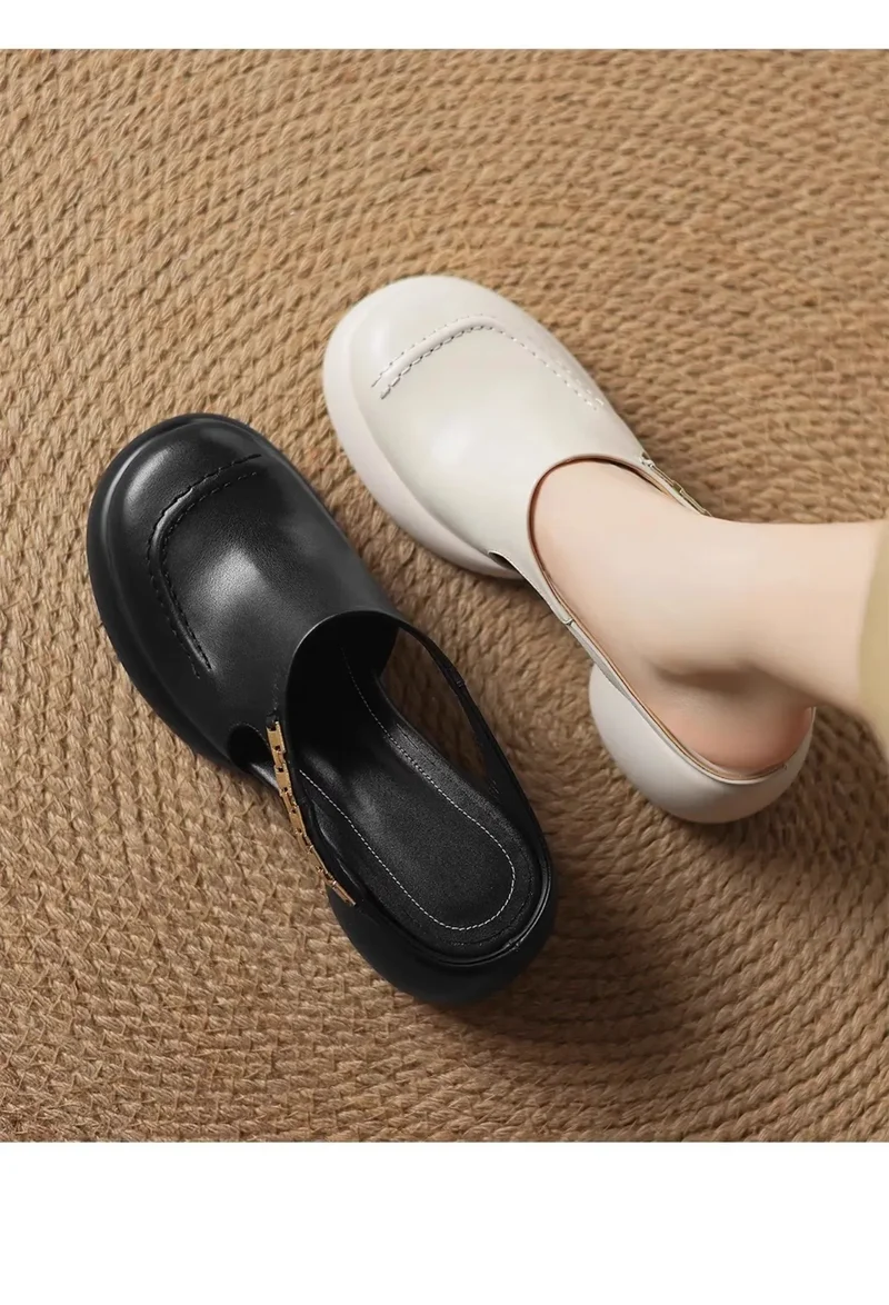 New Half-bang-head Slippers for Women 2025 Genuine Leather Platform Wedge-shaped Sneakers Pump Summer Fashion Women Casual Shoes