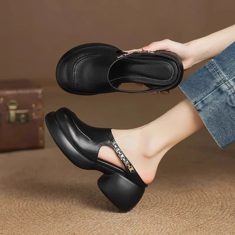 New Half-bang-head Slippers for Women 2025 Genuine Leather Platform Wedge-shaped Sneakers Pump Summer Fashion Women Casual Shoes