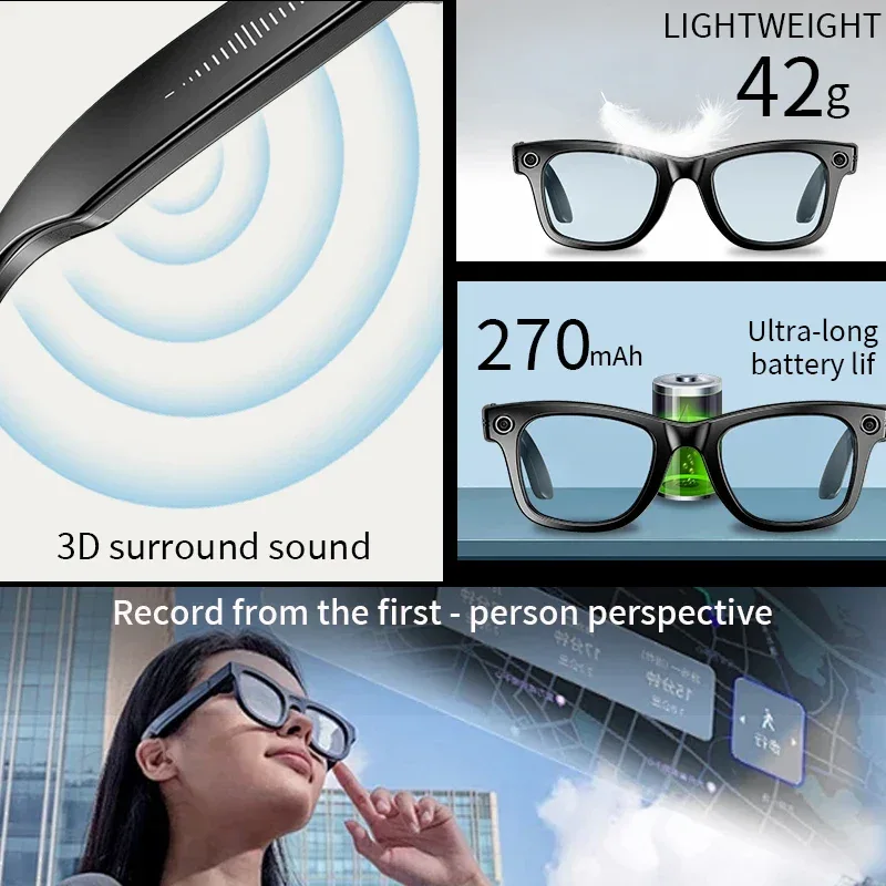 Smart Glasses 8 Million Pixels Recording Videos AI Photo Recognition Answer Translation 270mAh IP65 Waterproof Bluetooth Glasses