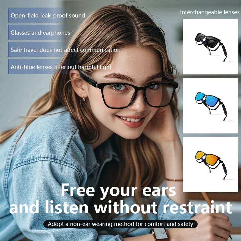 Hot GS05 Smart Glasses For Men 2 in 1 UV Protection Portable Polarized Anti-blue light Black Frame White Lenses Music Sunglasses