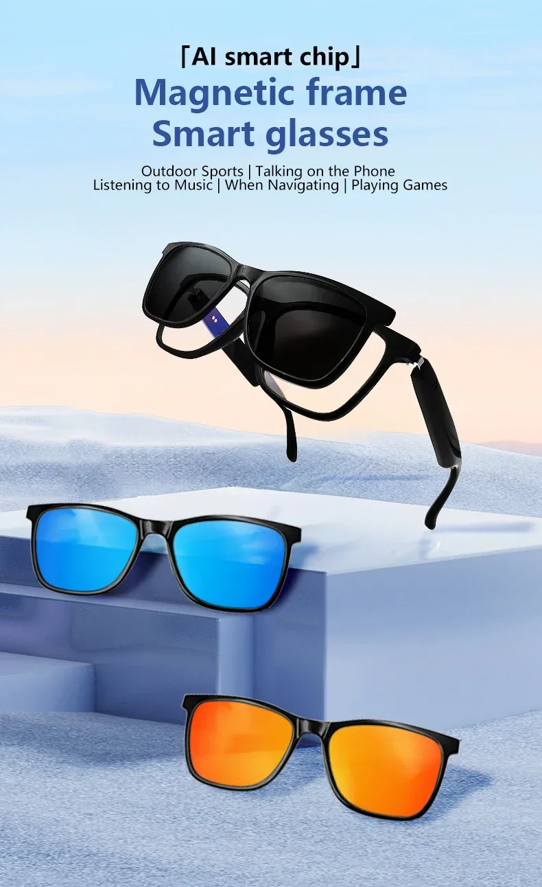Hot GS05 Smart Glasses For Men 2 in 1 UV Protection Portable Polarized Anti-blue light Black Frame White Lenses Music Sunglasses
