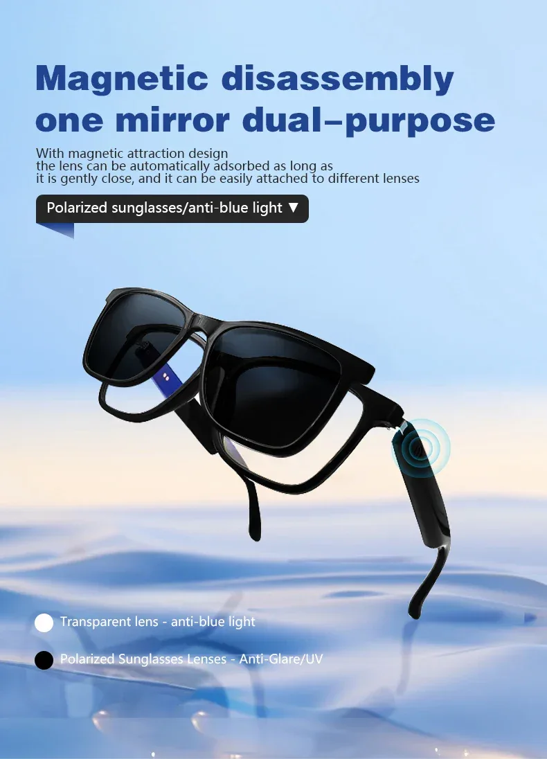 Hot GS05 Smart Glasses For Men 2 in 1 UV Protection Portable Polarized Anti-blue light Black Frame White Lenses Music Sunglasses
