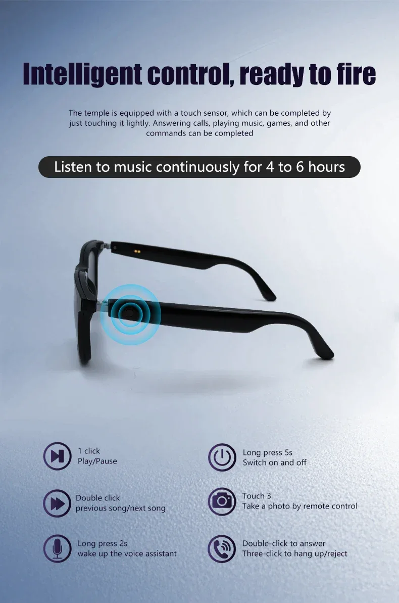 Hot GS05 Smart Glasses For Men 2 in 1 UV Protection Portable Polarized Anti-blue light Black Frame White Lenses Music Sunglasses