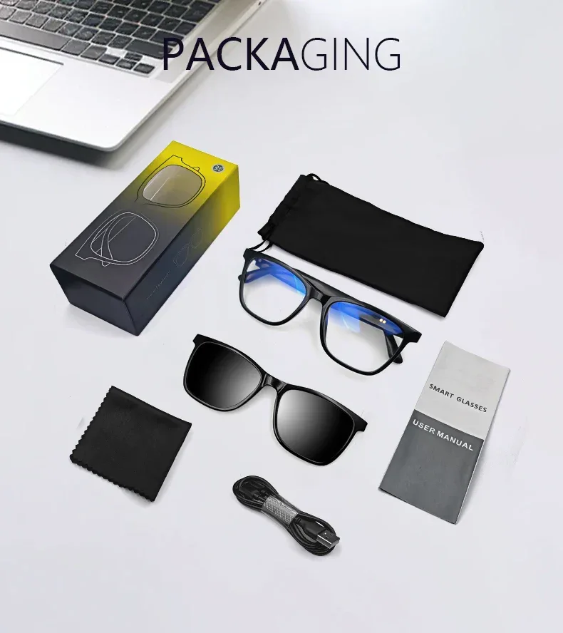 Hot GS05 Smart Glasses For Men 2 in 1 UV Protection Portable Polarized Anti-blue light Black Frame White Lenses Music Sunglasses