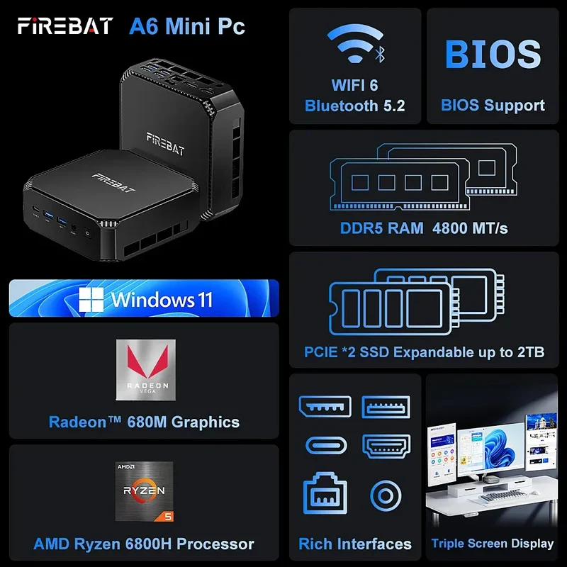 FIREBAT A6 Latest MINI PC AMD Ryzen 7 6800H 16GB DDR5 RAM 512GB SSD WIFI6 BT5.2 Portable Desktop MINI-PC Computer