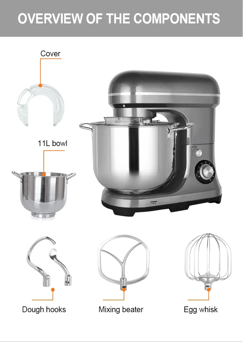 Kitchen 11 Liters Big Capacity Food Mixer 2000w Electric Food Stand Dough Mixer with Stainless Steel Bowl