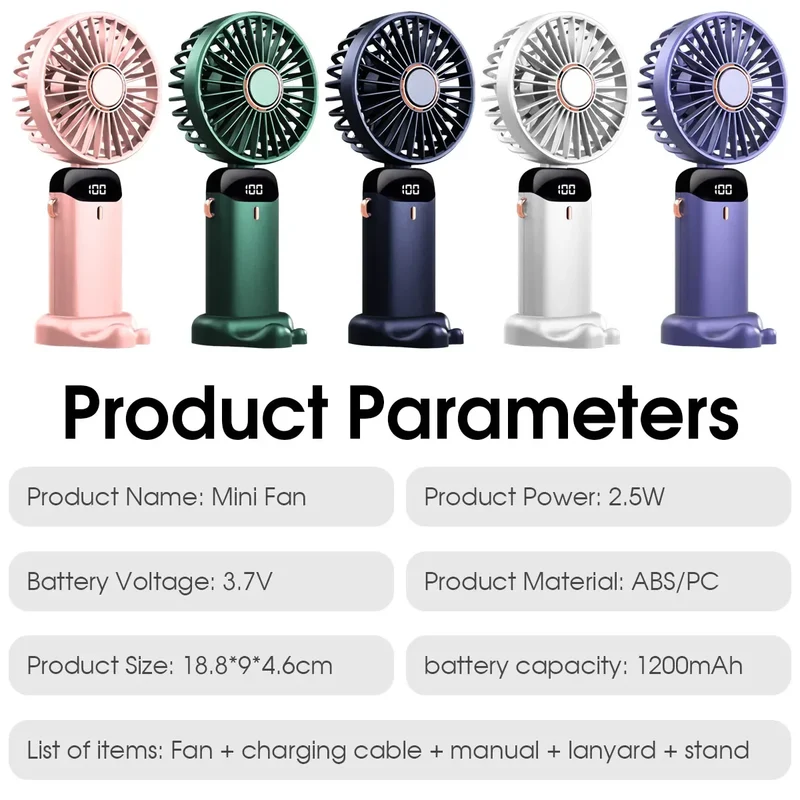 Handheld Mini Fan Foldable Portable USB Charging Neck Fan 1200mAh 5 Speed Settings Suitable for Home and Outdoor Use