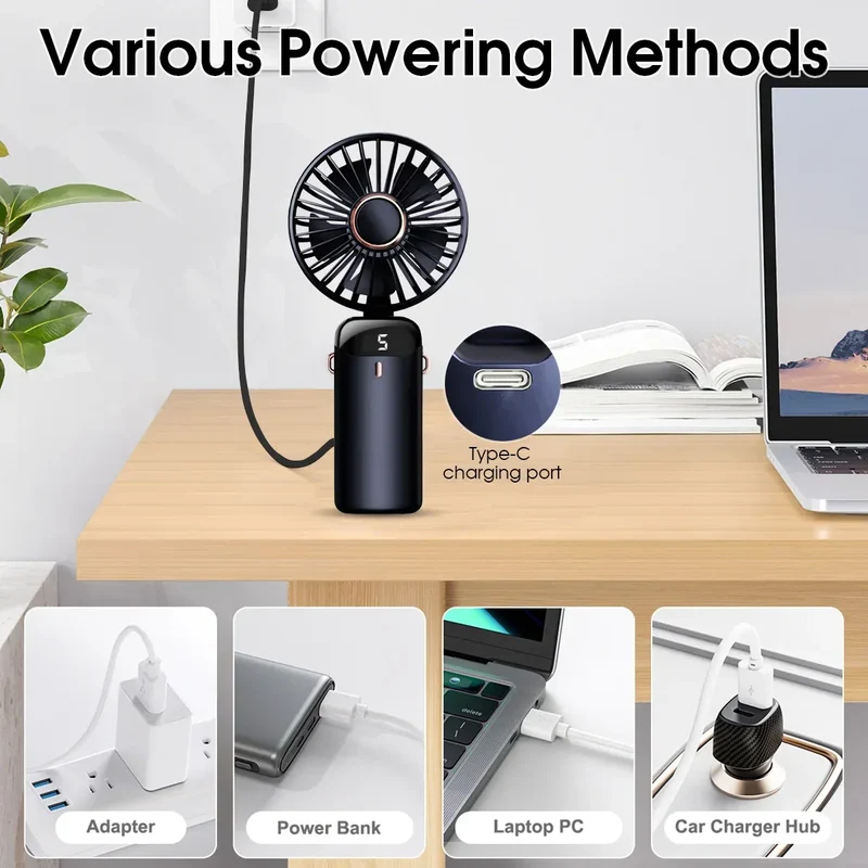 Handheld Mini Fan Foldable Portable USB Charging Neck Fan 1200mAh 5 Speed Settings Suitable for Home and Outdoor Use