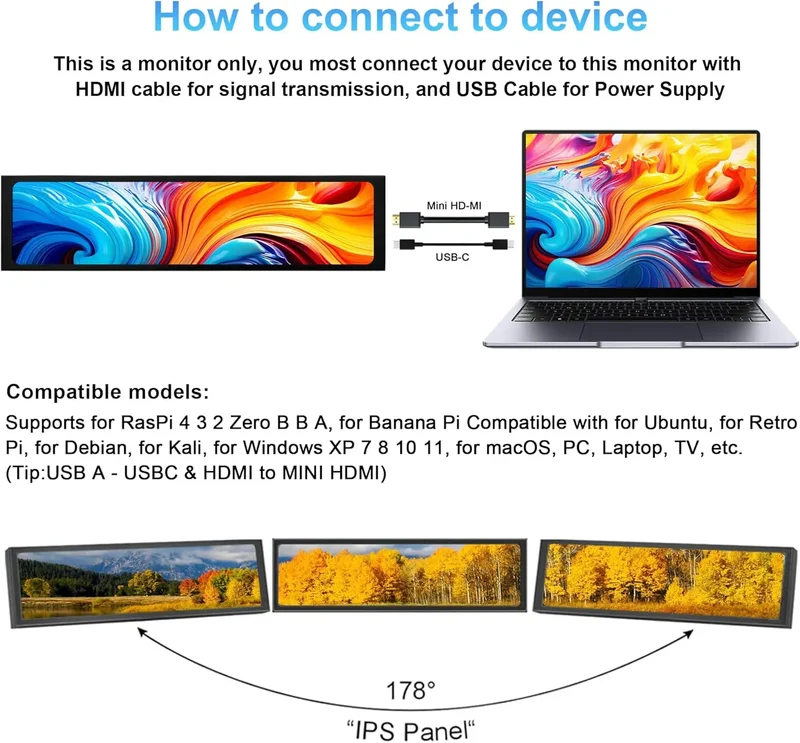 Wisecoco 11.3/8.8/7.84 inch HD IPS Secondary Screen Type-C for Laptop Computer Temperature DIY Aida64 CPU GPU Monitor
