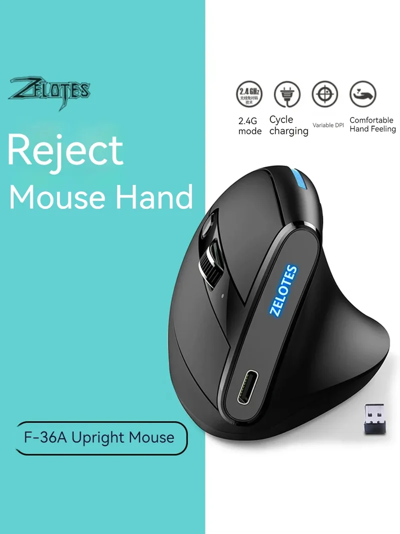 Zelotes F-35 Wireless Gaming Mouse Vertical Rechargeable 6 Key Mice 2.4G 3 Level DPI Adjustable Office/Gaming Computer Mouse
