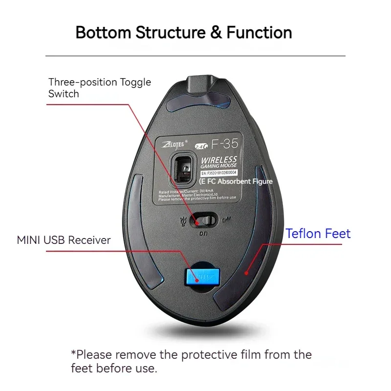 Zelotes F-35 Wireless Gaming Mouse Vertical Rechargeable 6 Key Mice 2.4G 3 Level DPI Adjustable Office/Gaming Computer Mouse
