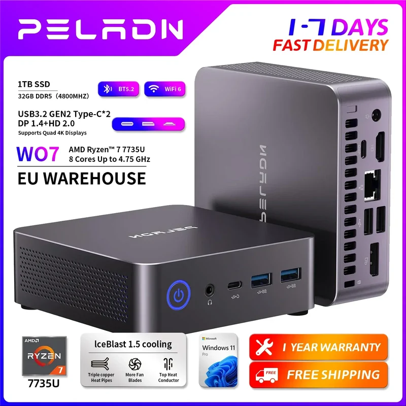 PELADN WO7 Mini PC AMD Ryzen 7 7735U (8C/16T, up to 4.75Ghz) 32GB DDR5+1TB SSD WiFi6 BT5.2 Quadruple-Display Mini Computer