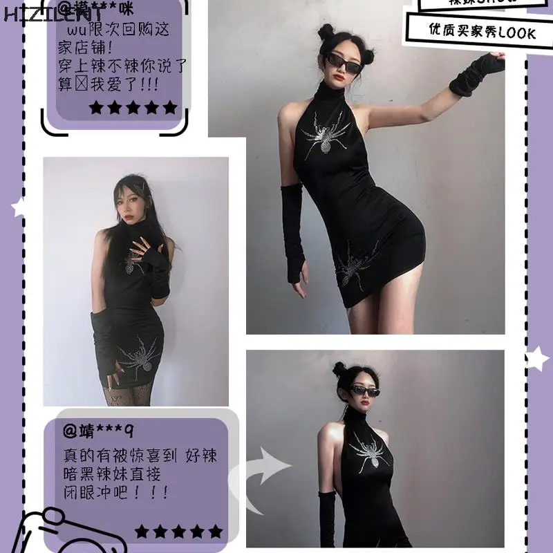 Backless Sexy Halter Summer Dress Women Elastic Spider rhinestones Long Dresses Sleeveless Camisole Clubwear Evening Party Dress