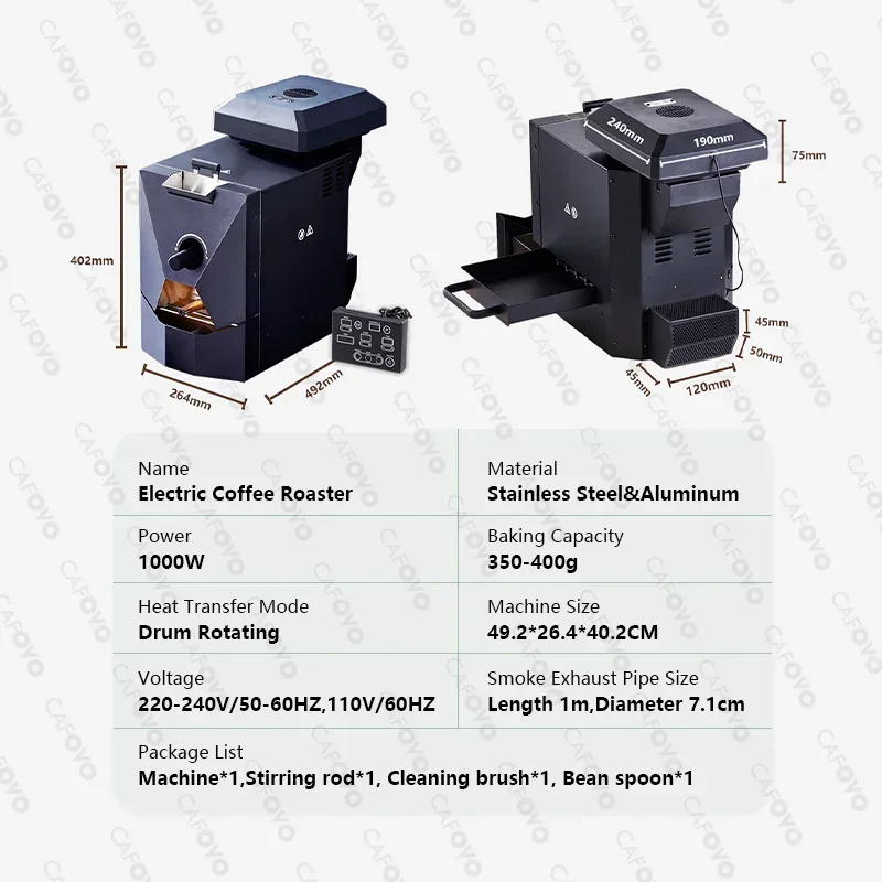 CAFOVO RE-1 Electric Coffee Bean Roaster Commercial Roaster Automatic Roasting Machine with 3 Baking Curve Grain Dryer 110-220V