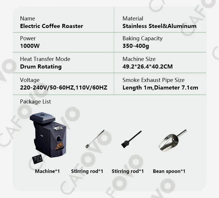CAFOVO RE-1 Electric Coffee Bean Roaster Commercial Roaster Automatic Roasting Machine with 3 Baking Curve Grain Dryer 110-220V