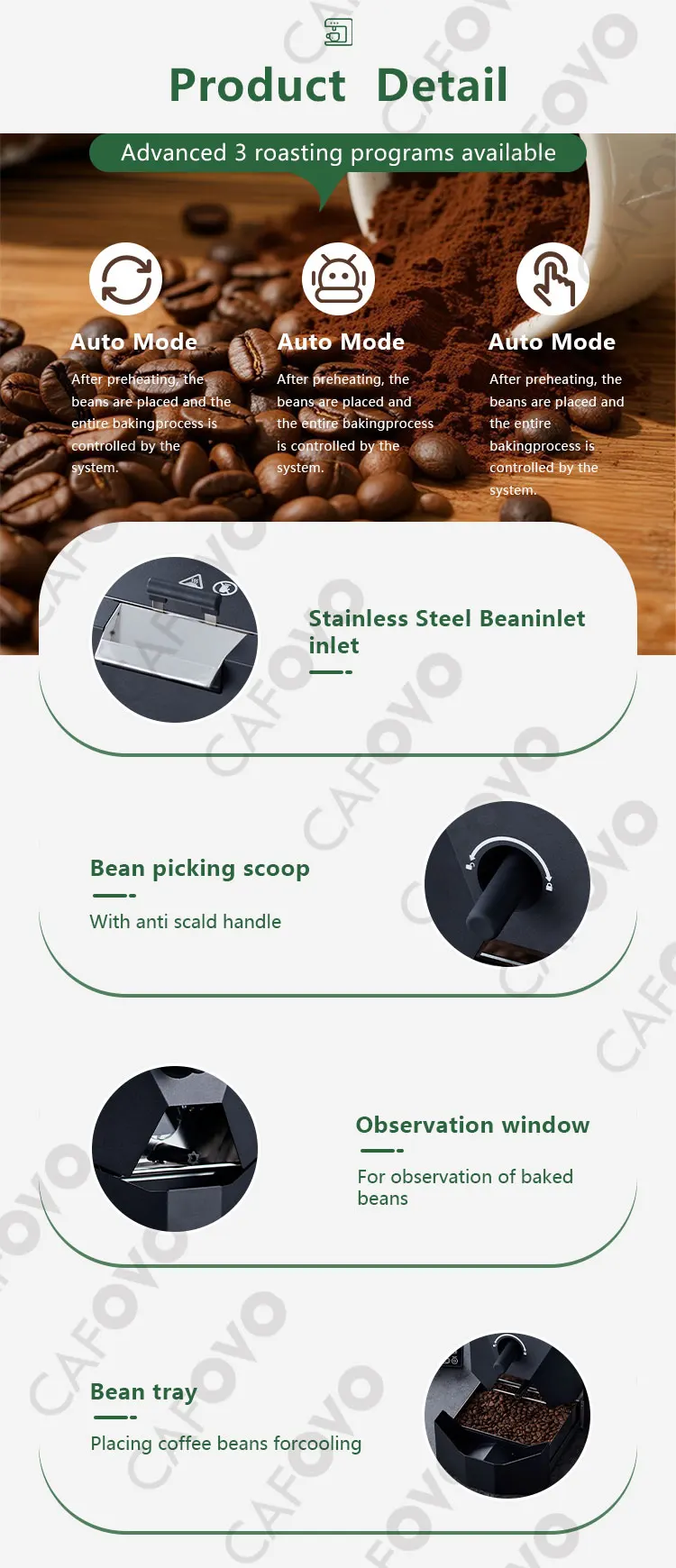 CAFOVO RE-1 Electric Coffee Bean Roaster Commercial Roaster Automatic Roasting Machine with 3 Baking Curve Grain Dryer 110-220V
