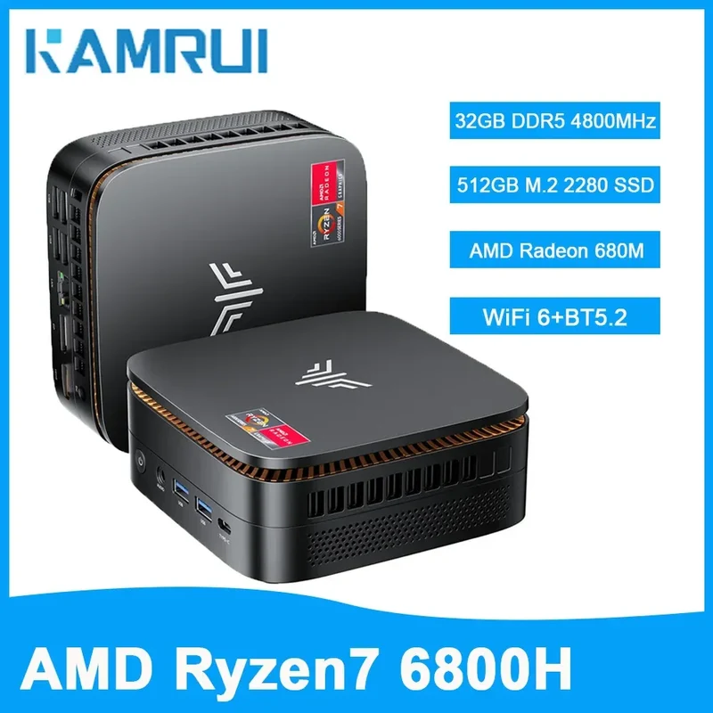 Mini PC AMD Ryzen7 6800H 32GB LPDDR5 6400MHz 1TB/512GB PCIe3.0 SSD up to 4.7GHz Dual Channl Win11pro WiFi6 4k Radeo 680M Gaming