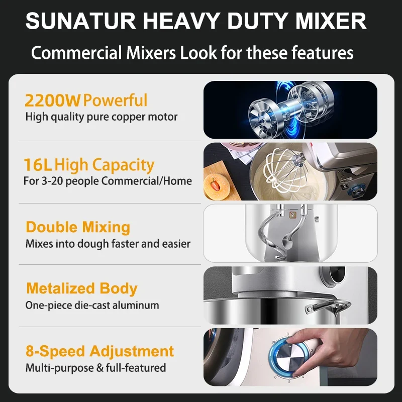 SUNATUR 16L Stand Mixer 2200w electric kitchen blender Commercial Food processor Large capacity Two kneading hooks dough mixer
