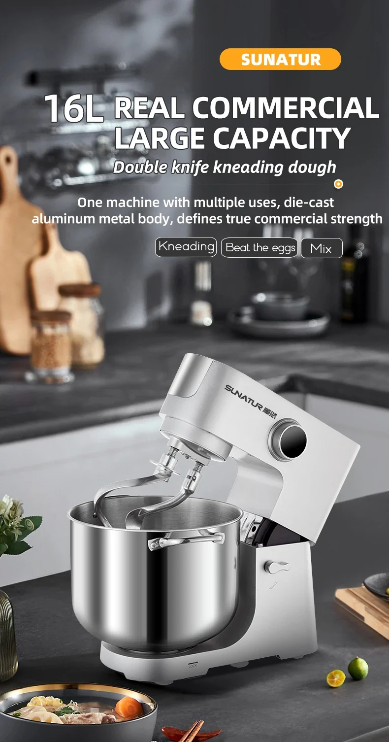 SUNATUR 16L Stand Mixer 2200w electric kitchen blender Commercial Food processor Large capacity Two kneading hooks dough mixer