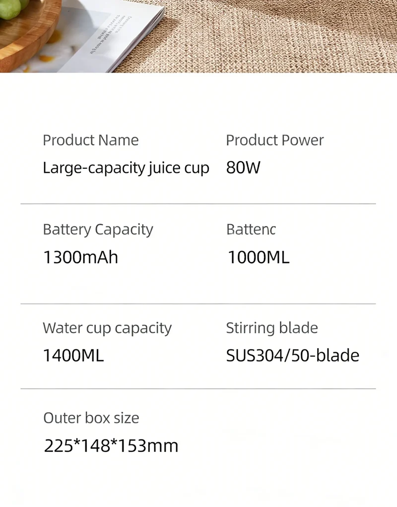 High Aesthetic 1300ml Large Capacity USB Rechargeable Portable Blender Juicer, Kitchen Fruit Juicer, Food Prep
