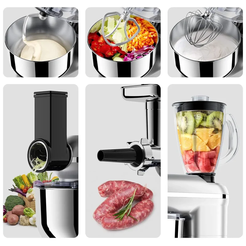 5-in-1 Multifunction Electric Stand Mixer with Stainless Steel Mixing Bowl 6-Speed Blender & Meat Grinder-Kitchen Appliance