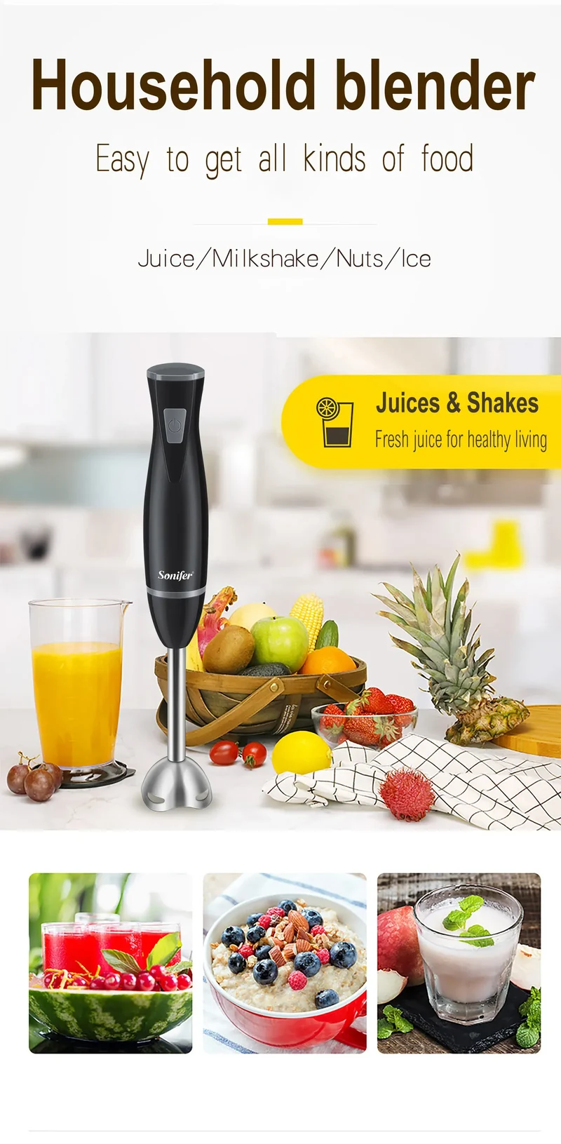 Blender Electric Food Mixer Kitchen Detachable Hand Blender Egg Beater Vegetable Stand Blend Stainless Steel Blade 220V Sonifer