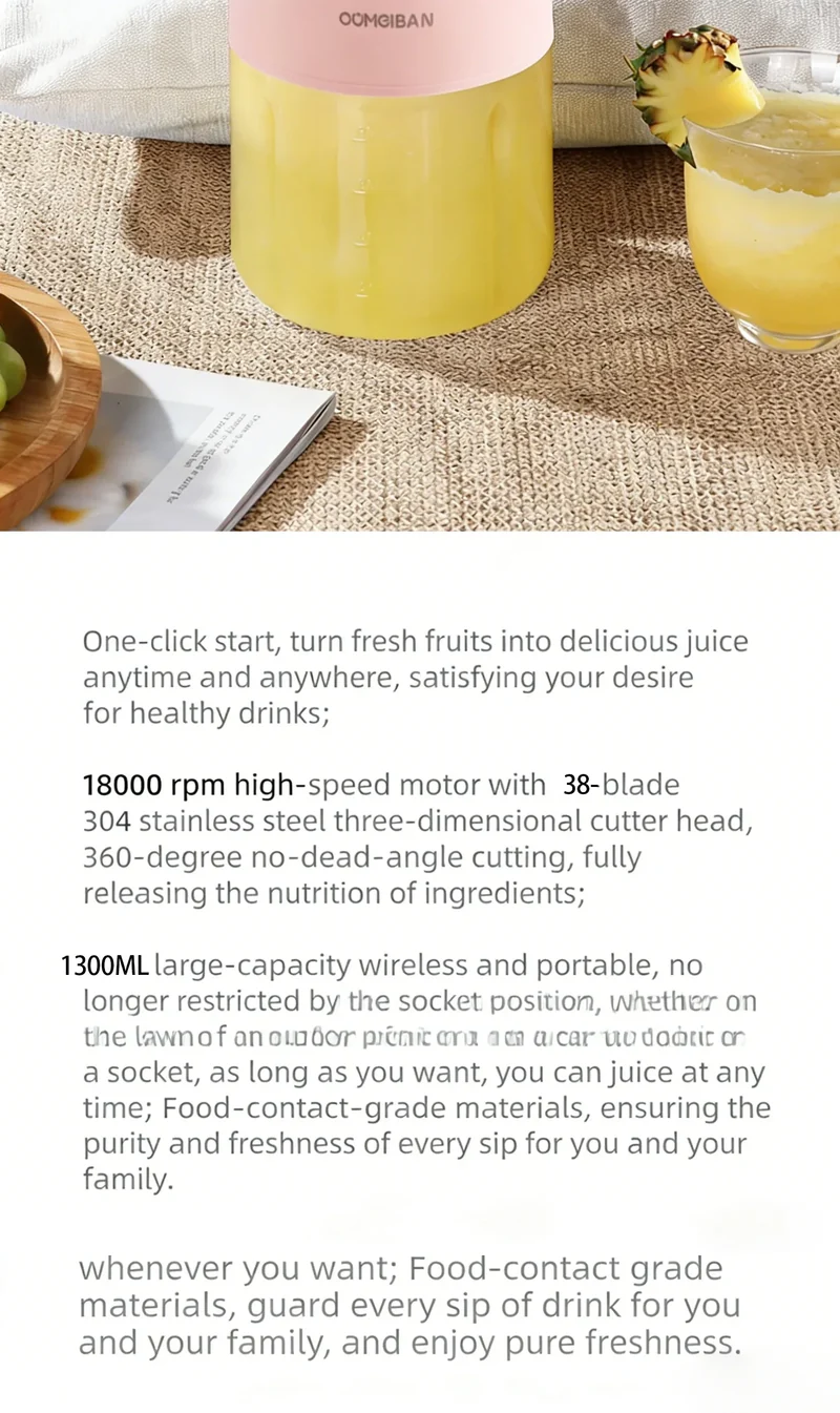 1300ML Portable Juicer, Fresh Fruit Mixer 38 Blades, USB Rechargeable Multifunctional Juicer Ice Crusher Smoothie Blender Home