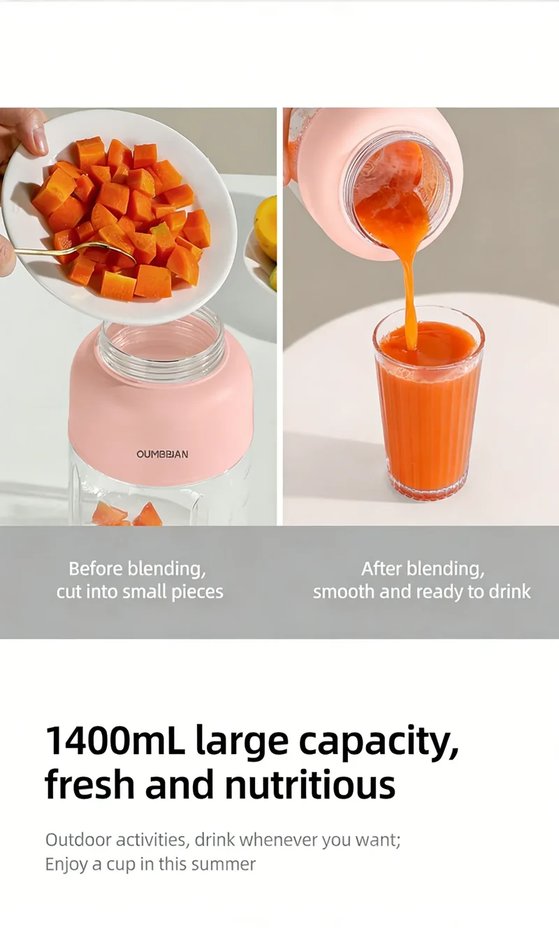 1300ML Portable Juicer, Fresh Fruit Mixer 38 Blades, USB Rechargeable Multifunctional Juicer Ice Crusher Smoothie Blender Home