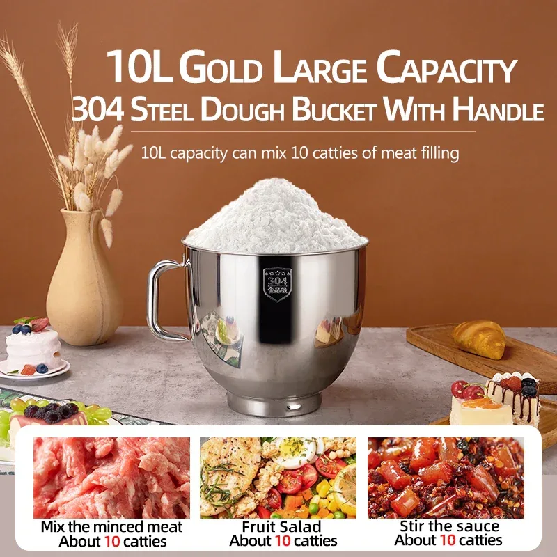 SUNATUR 10L Stand Mixer 2200w Dough Kneading Planetary Proccessor Automatic Beater Electric timed Kitchen Blender cream whipper