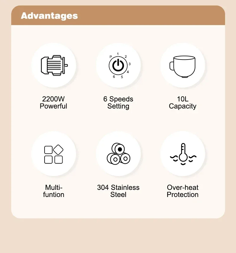 SUNATUR 10L Stand Mixer 2200w Dough Kneading Planetary Proccessor Automatic Beater Electric timed Kitchen Blender cream whipper