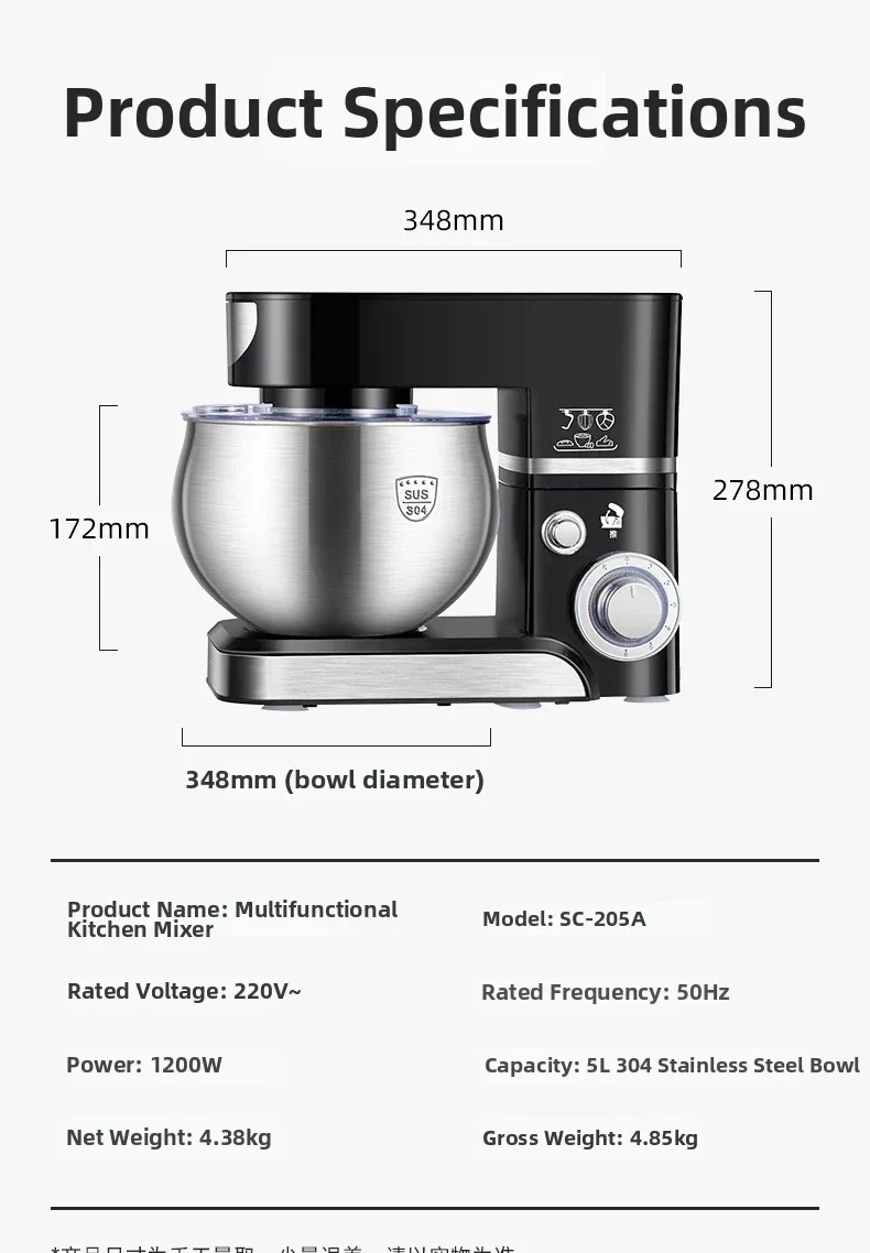 5L Stand Mixer – 3-in-1 Multifunctional Kitchen Machine with Dough Hook, Beater & Whisk,1000W Powerful Motor for Baking/Cooking