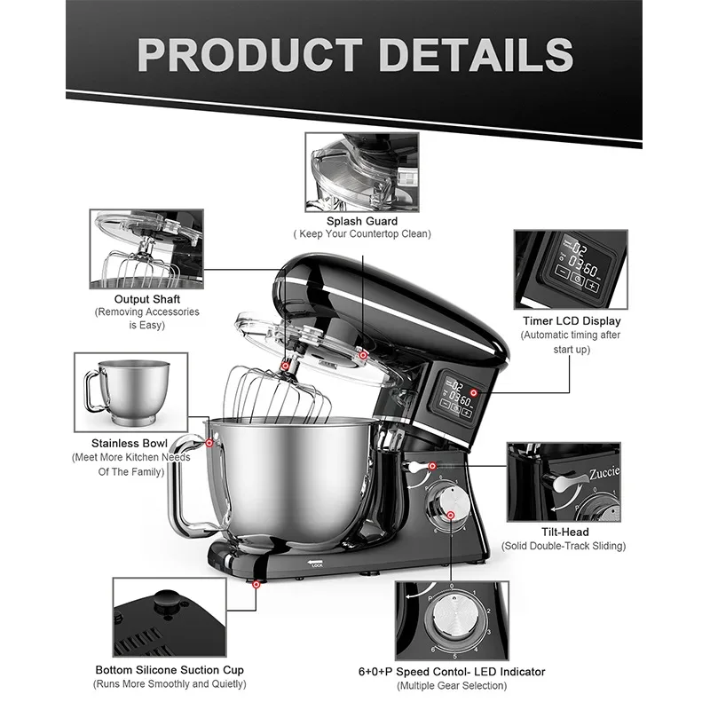 Commercial Stand Mixer 1500W, 6.5L Stainless Steel Bowl 6-Speed, Silent Design Smart Display Multi-Functional Dough Mixer