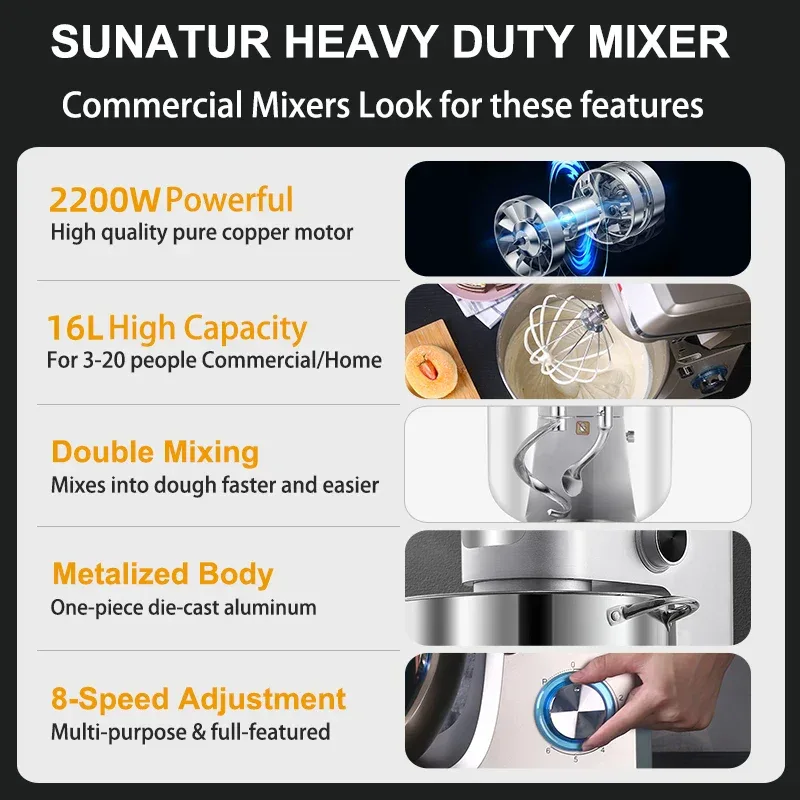SUNATUR 16L Stand Mixer 2200w electric kitchen blender Commercial Food processor Large capacity Two kneading hooks dough mixer
