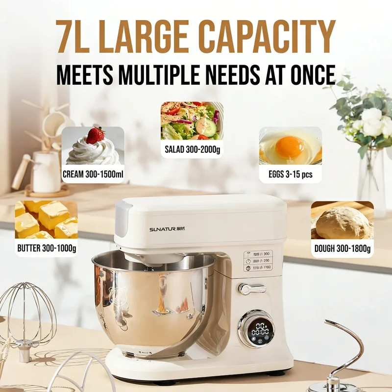 SUNATUR SM-606E 7L Stand Mixer 900W DC Quiet 11-Speed Timer, 304 Bowl Anti-Black Powder for Home & Commercial Baking