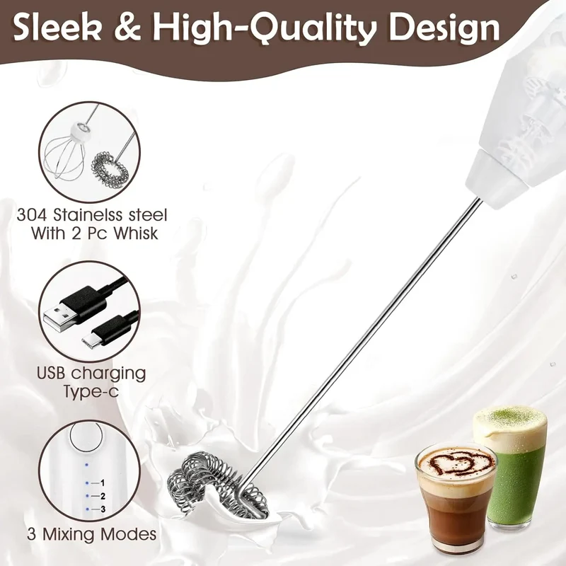 Electric Milk Frother 2 In 1 Rechargeable Blender Stainless Steel 3 Speeds Coffee Mixer Egg Beater Handheld Foam Maker Tools