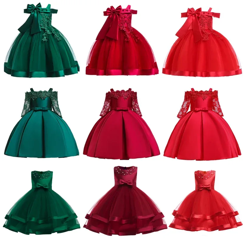 Green Christmas Princess Dress For Girl Children Costume Elegant Kids Wedding Birthday Prom Gown Bow Girls Party Dresses 3 10Y
