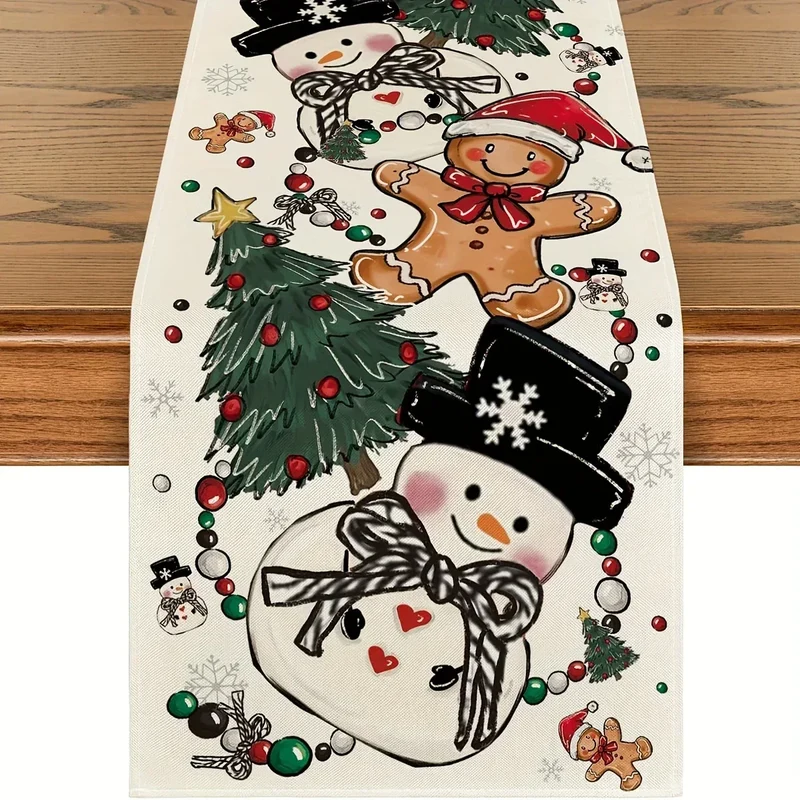 Christmas Snowman Table Runner Polyester With Festive Snowman Gingerbread Man Christmas Tree And Ornament Patterns Table Decor