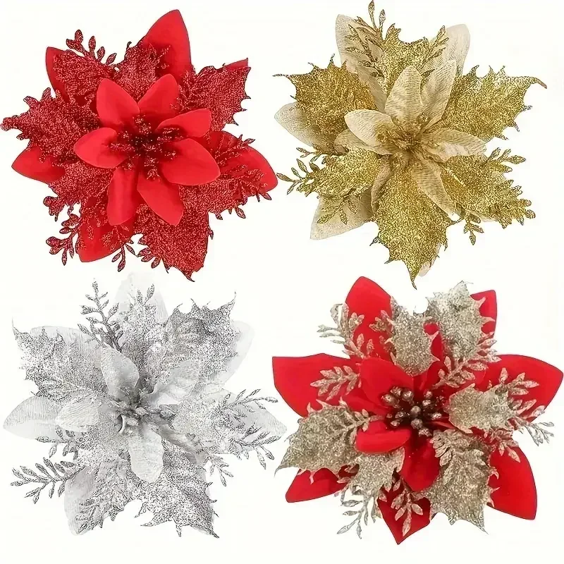 40PCS Artificial Glitter Christmas Flowers with Clips for Xmas Tree Ornament Fake Flower Floral New Year Party Home Decoration