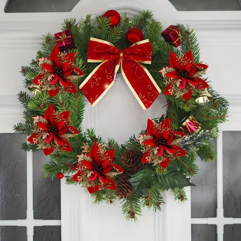 40PCS Artificial Glitter Christmas Flowers with Clips for Xmas Tree Ornament Fake Flower Floral New Year Party Home Decoration