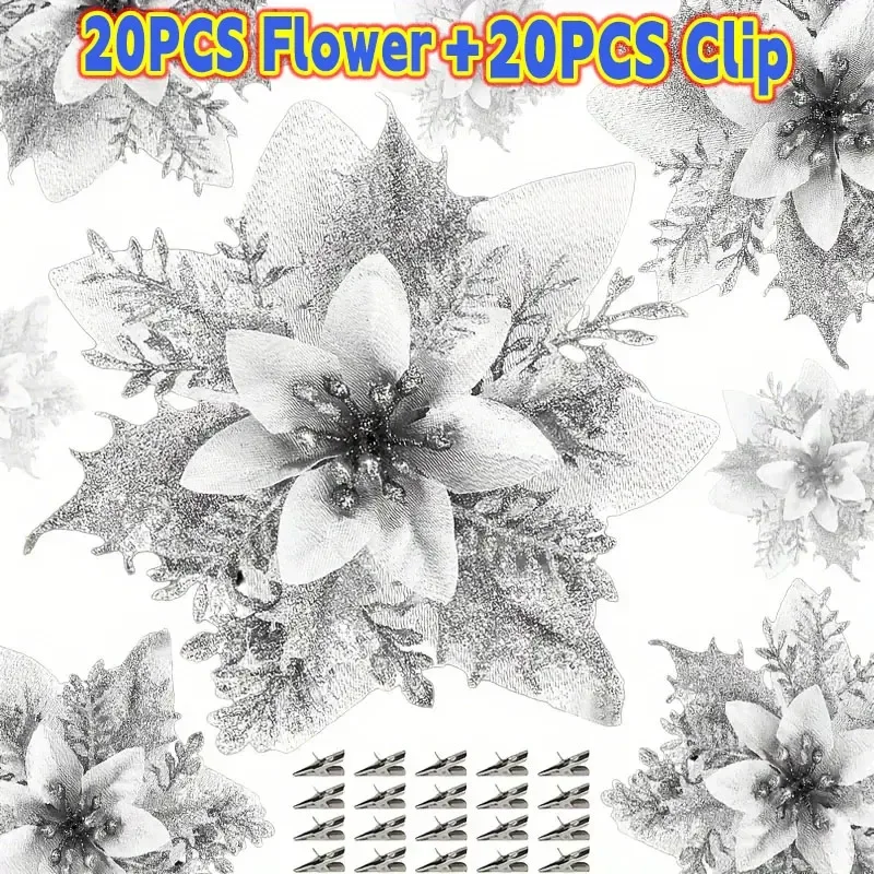 40PCS Artificial Glitter Christmas Flowers with Clips for Xmas Tree Ornament Fake Flower Floral New Year Party Home Decoration